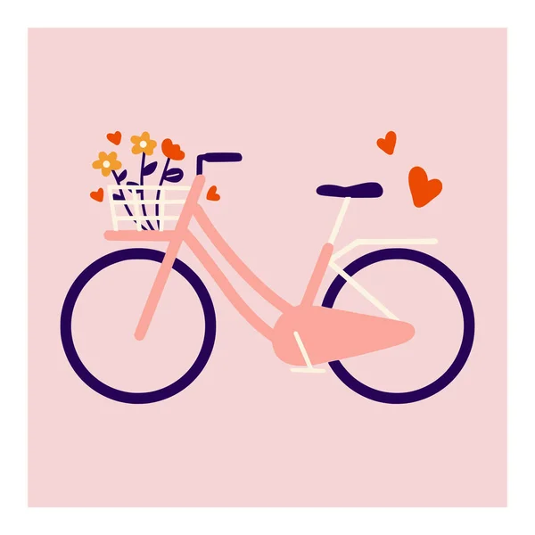 Ręcznie Rysowane Cute Walentynki Kartka Życzeniami Rowerów Pełnym Kwiatów Bukiet — Wektor stockowy