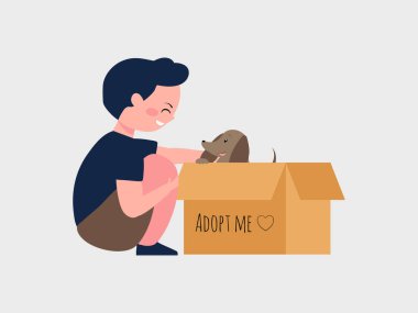 Çocuk ve köpek çizgi film resimli evcil hayvan konseptini benimse. Karton kutunun içinde küçük şirin bir köpek var ve bana mesaj atıyor.