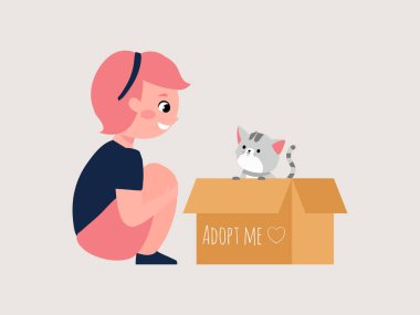 Kedi ve kız çizgi film resimli evcil hayvan konseptini benimse. Karton kutunun içinde küçük şirin bir Cate var ve bana mesaj atıyor.