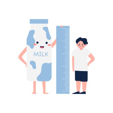 Çocuk boy grafiği ve karakter sütü. Mutlu çocuk boyunu Kawaii sütlü çizgi film illüstrasyonuyla ölçüyor.