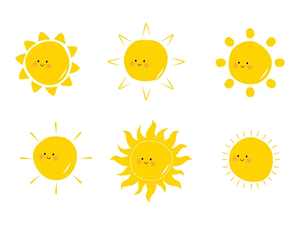 平面可爱的太阳集合手绘涂鸦插图 Kawaii阳光卡通 图库插图