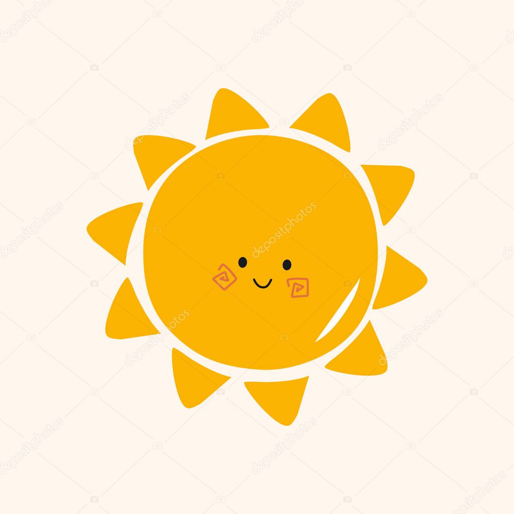 Cute Smile sun flat vector illustration. Hand drawn Clip art baby Sunny sticker.