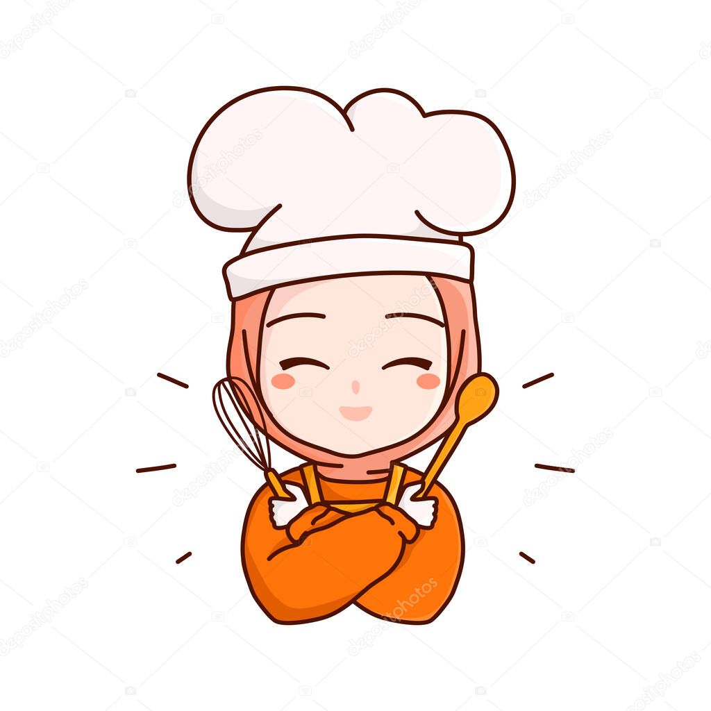 Halal homemade logo template elements with muslim cute woman chef with hijab holding whisk and wood spoon illustration
