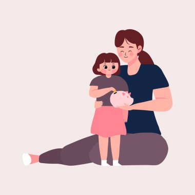 Çocuklarına günü kurtarmayı öğret. Anne tasviri, çocuklarına kumbaralara bozuk para koyarak para biriktirmeyi öğretiyor.