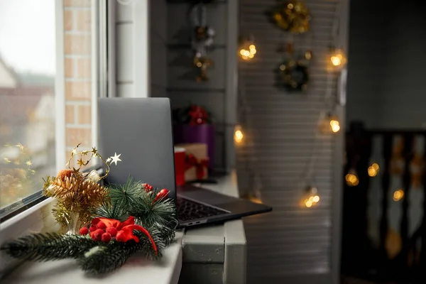 Christmas workplace concept at home. Remote work