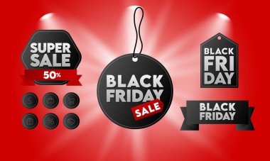 Kara Cuma Etiketleri ve Simgeler Paketi. Yazdırma Şablonu, Afişler, Posterler, Sosyal Medya E- postaları ve Web siteleri. Mektup. Spotlight ve Splash Light. Kızıl Arkaplan. Vektör İllüstrasyonu.