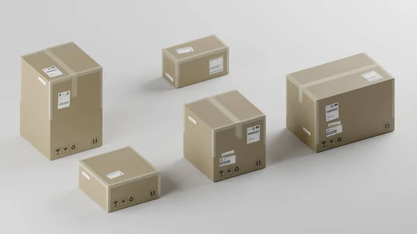 Paket, Nakliye ve Teslimat için Karton Kutular, İşaretler ve Etiketler, Beyaz Arkaplan, Isometric Perspective, 3D İllüstrasyon