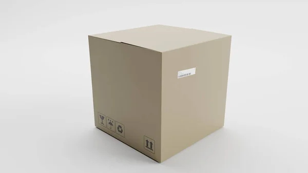 Paket, Nakliye ve Teslimat için tek karton kutu, İşaretler ve Etiketle, Beyaz Arkaplan, Perspektif Görünümü 1, 3D İllüstrasyon