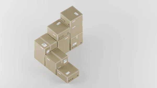 Paket, Nakliye ve Teslimat için karton kutulardan yapılmış merdivenler İşaretler ve Etiketlerle, Beyaz Arkaplan, Isometric Perspective, kavram 1, 3D Görüntü