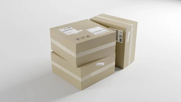 Картонные Коробки Упаковки Доставки Доставки Организованные Табличками Этикетками Белый Фон — стоковое фото