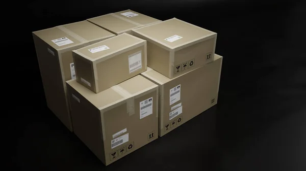 Куча Картонных Коробок Упаковки Доставки Доставки Организованная Табличками Этикетками Черный — стоковое фото