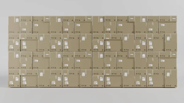 Стена Картонных Коробок Упаковки Свай Доставки Доставки Табличками Этикетками Белый — стоковое фото