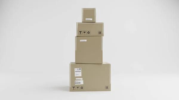 Pile of Cardboard Boxes Collum, For Package, Shipping and Delivery, With Signs and Labels, Blue Background, Frontal View, 3D Illustration
