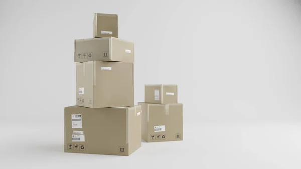 Pile of Cardboard Boxes Collums, For Package, Shipping and Delivery, With Signs and Labels, Blue Background, Frontal View, 3D Illustration