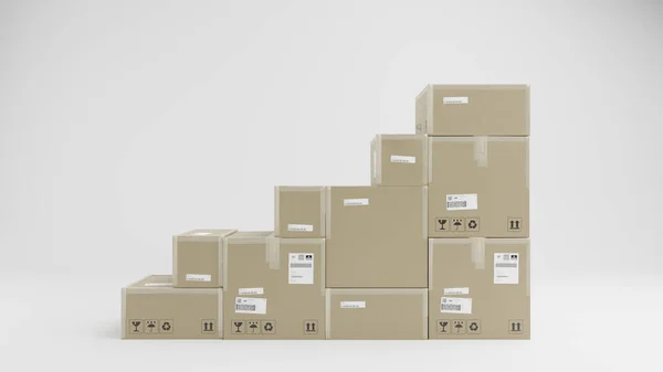 Stairs made of Cardboard Boxes For Package, Shipping and Delivery, With Signs and Labels, White Background, Frontal View, Concept Image, 3D Illustration