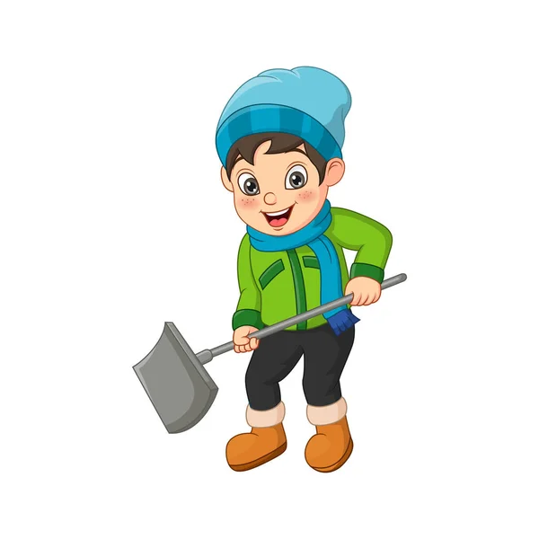 Vector Illustration Cute Little Boy Holding Shovel — Stock Vector