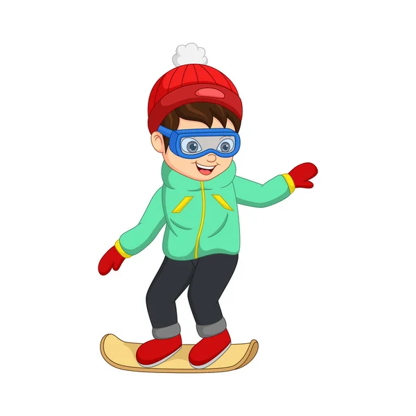 Illustration Vectorielle Mignon Petit Garçon Vêtements Hiver Jouant Snowboard — Image vectorielle