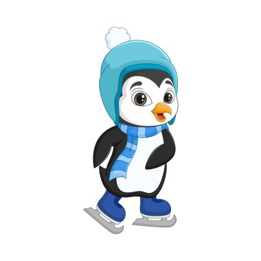 Şirin bebek penguen buz pateninin vektör çizimi
