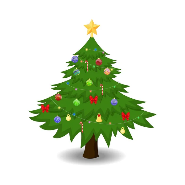 Vektorillustration Des Geschmückten Weihnachtsbaums Isoliert Auf Weißem Hintergrund — Stockvektor