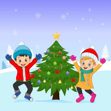 Noel ağacının yanında oynayan mutlu çocukların vektör çizimi