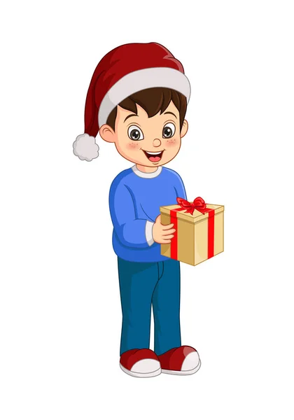 Vektor Illustration Von Nettem Kleinen Jungen Mit Weihnachtsgeschenk — Stockvektor