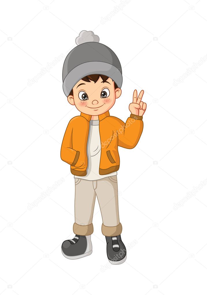 Vector illustration of Cute boy in winter clothes showing peaceful sign