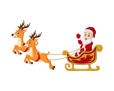 Çizgi film Noel Baba 'nın vektör çizimi ren geyiğiyle kızağa biniyor.