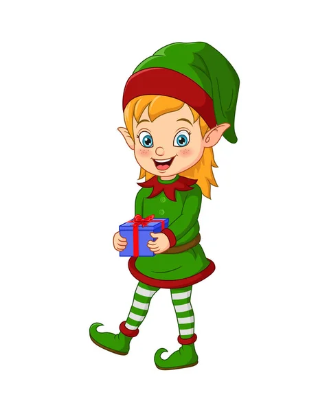 Illustrazione Vettoriale Dell Elfo Natale Del Fumetto Che Tiene Regalo — Vettoriale Stock
