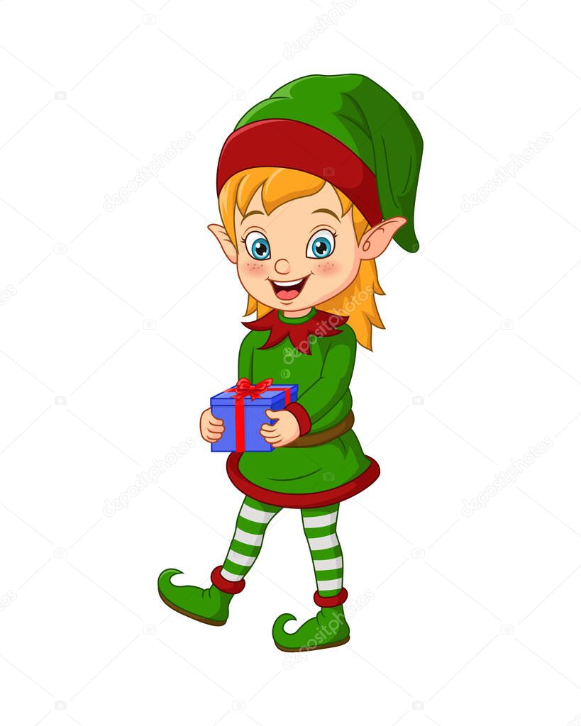 Vector illustration of Cartoon Christmas elf holding a gift