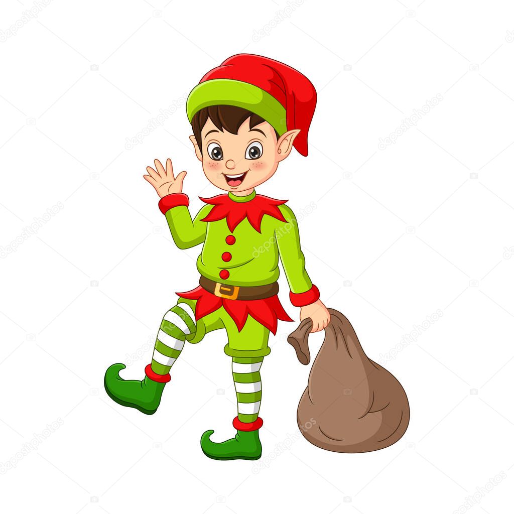 Vector illustration of Cartoon happy Christmas elf with bag