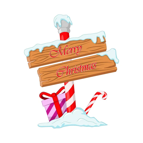 Vector Illustration Wooden Signboard Christmas Gift Box Candy Cane — Stock Vector