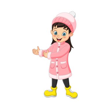 Kışın giydiği kollarını kaldıran mutlu kızın vektör çizimi.