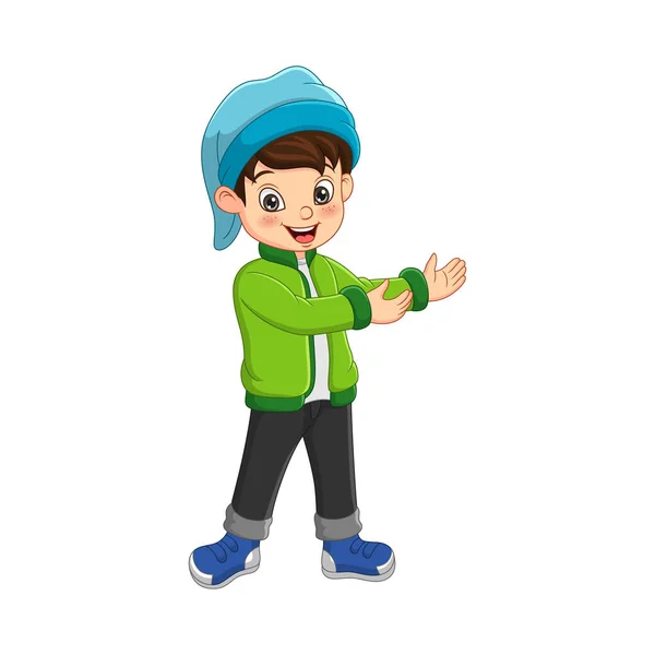 Vector Illustration Happy Boy Winter Clothes Raising His Arms — Stock Vector