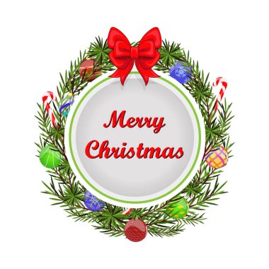 Kırmızı kurdeleli yuvarlak Noel çelengi, köknar dalları, toplar ve şekerlemeler