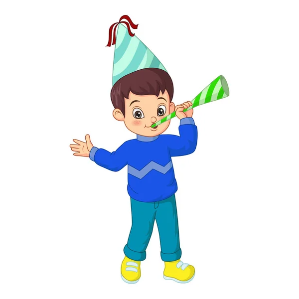 Vektor Illustration Von Happy Boy Mit Partyhut Der Eine Papiertrompete — Stockvektor