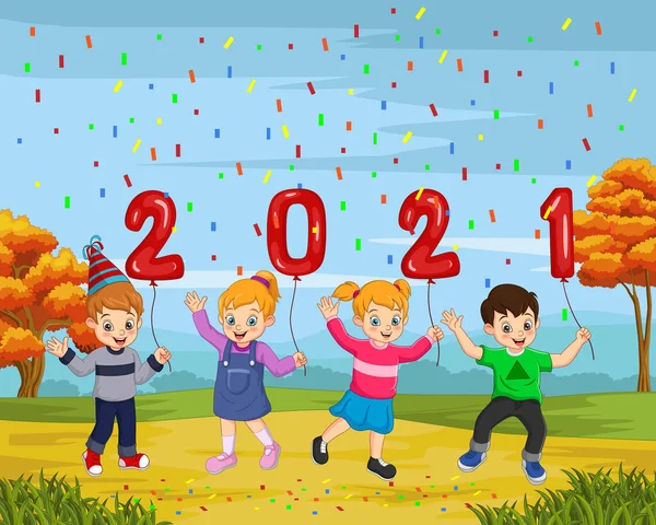 Векторная Иллюстрация Счастливого Нового 2021 Года Ребенком Держащим Номера Воздушных — стоковый вектор