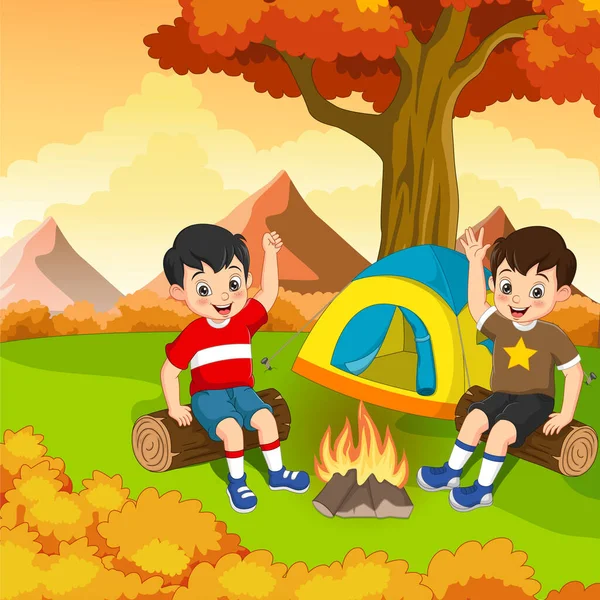 Tecknad Barn Camping Med Lägereld Och Tält — Stock vektor