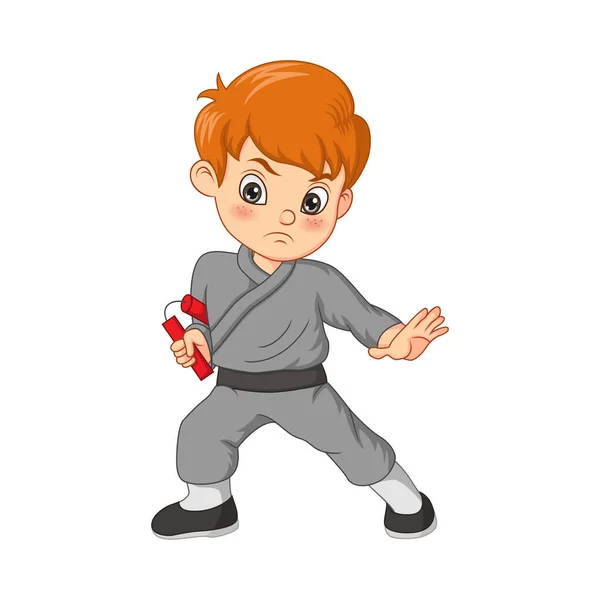 Illustration Vectorielle Enfant Karaté Animé Tenant Nunchaku — Image vectorielle