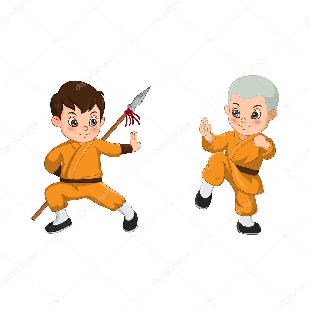 Vector illustration of Cartoon kid Shaolin monk fighting