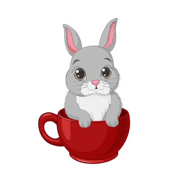 ベクトルイラストの可愛いです小さなウサギでA赤カップ — ストックベクタ
