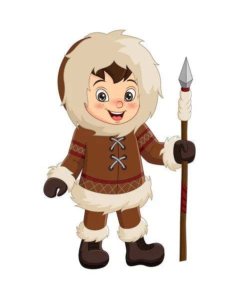Vector Illustratie Van Cartoon Eskimo Jongen Met Een Speer — Stockvector