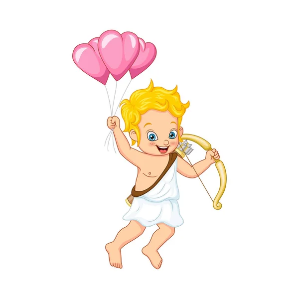 Ilustración Vectorial Dibujos Animados Lindo Cupido Sosteniendo Globos Aire Rosa — Vector de stock