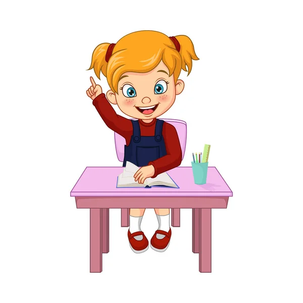 Wektor Ilustracja Happy Cute Little Student Dziewczyna Podnosząc Rękę — Wektor stockowy