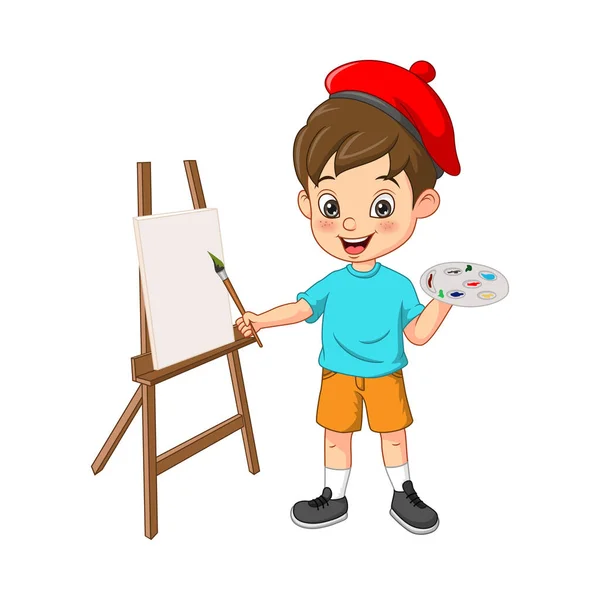 Ilustração Vetorial Feliz Bonito Menino Artista Segurando Pincel Tintas —  Vetores de Stock