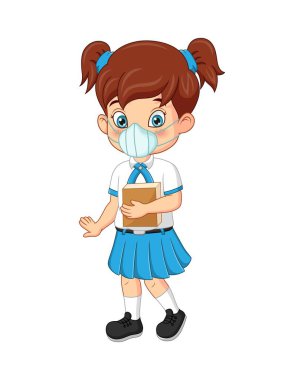 Yüzü maske takan sevimli kız öğrencinin vektör çizimi.