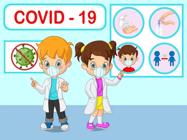 Illustrazione Vettoriale Doctor Bambini Spiegano Infografica Indossare Maschera Viso Lavarsi — Vettoriale Stock