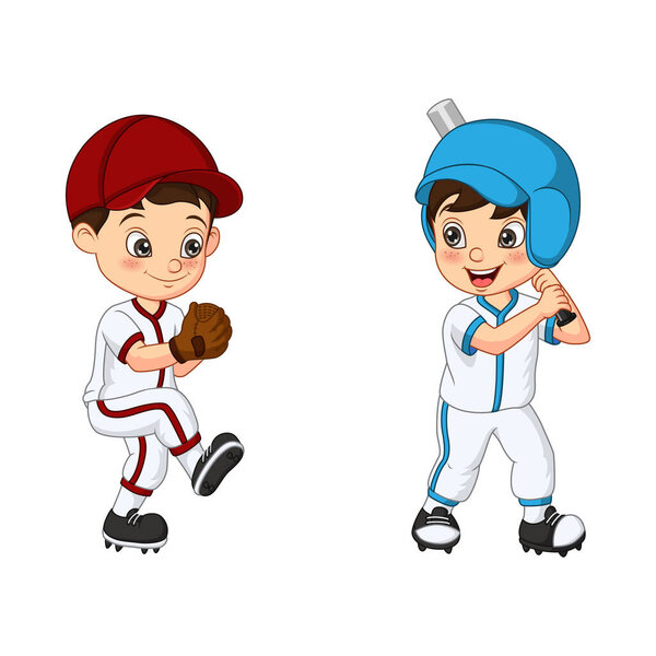 Векторная иллюстрация счастливых двух детей, играющих в бейсбол