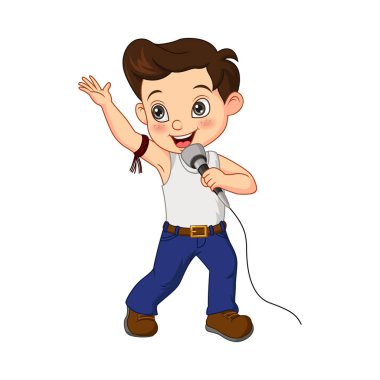 Küçük şirin bir çocuğun mikrofonla şarkı söylediğinin temsilcisi.