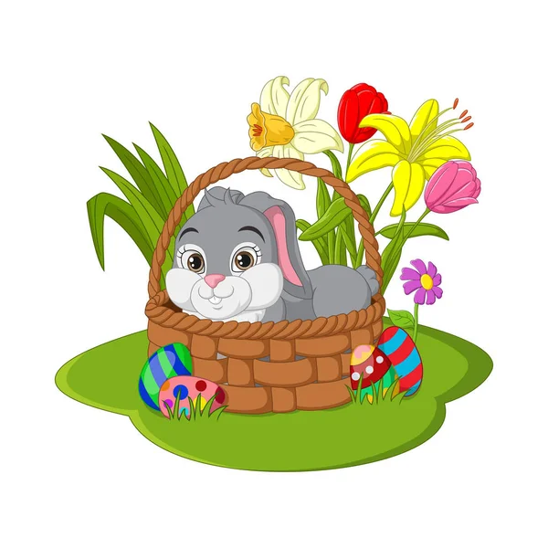 Векторная Иллюстрация Счастливой Пасхи Милый Пасхальный Кролик Сидит Корзине — стоковый вектор