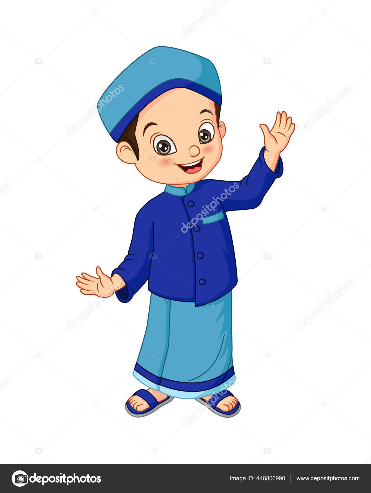 Vektor Ilustrasi Happy Muslim Anak Kartun Pada Latar Belakang Putih